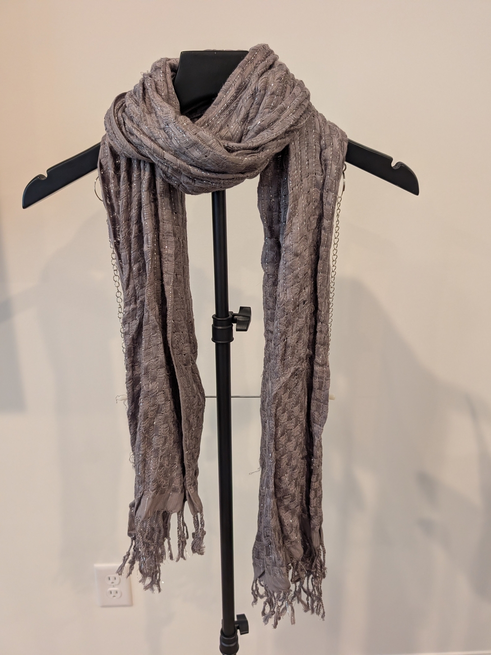 Women’s Gray/Silver Metallic Woven Solid Rectangle Scarf with Fringe